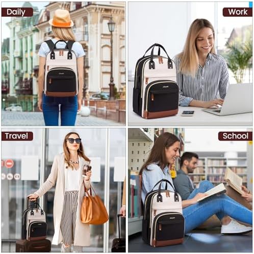 LOVEVOOK Backpack for Women, Fits 15.6 Inch Laptop Bag, School Backpacks, Fashion Travel Work Anti-theft Bag, Business Computer Waterproof College Backpack Purse, Beige-Black-Brown - Image 3