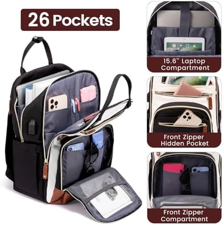 LOVEVOOK Backpack for Women, Fits 15.6 Inch Laptop Bag, School Backpacks, Fashion Travel Work Anti-theft Bag, Business Computer Waterproof College Backpack Purse, Beige-Black-Brown - Image 4
