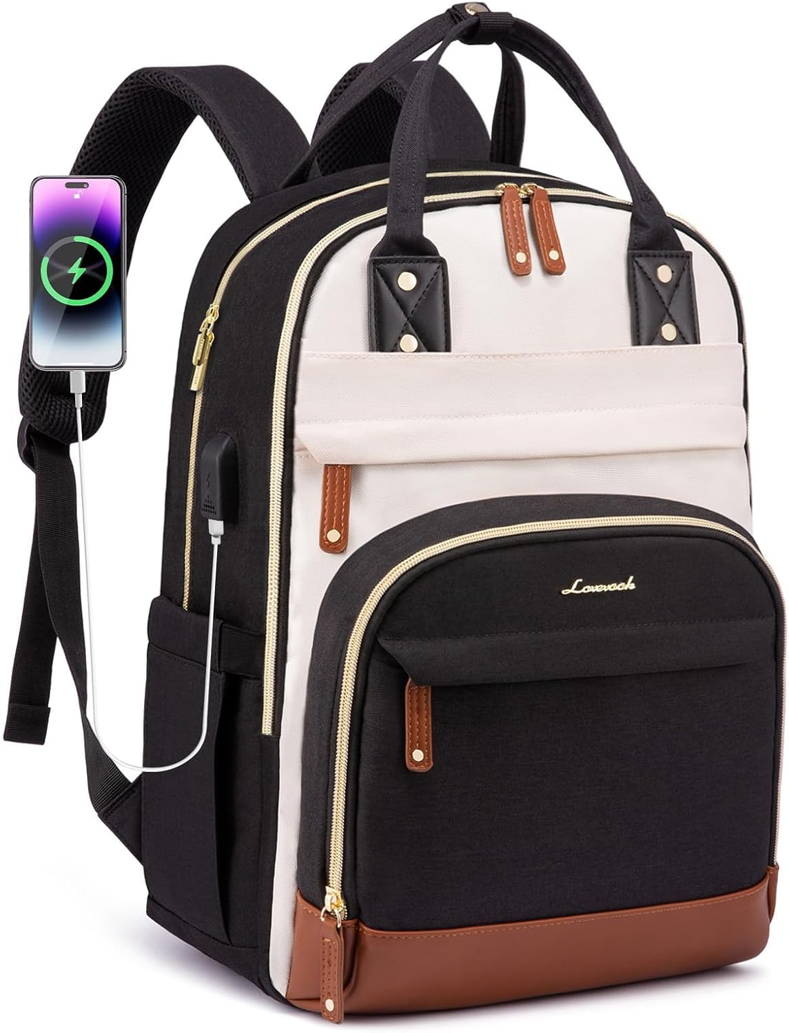 LOVEVOOK Backpack for Women, Fits 15.6 Inch Laptop Bag, School Backpacks, Fashion Travel Work Anti-theft Bag, Business Computer Waterproof College Backpack Purse, Beige-Black-Brown - Image 9
